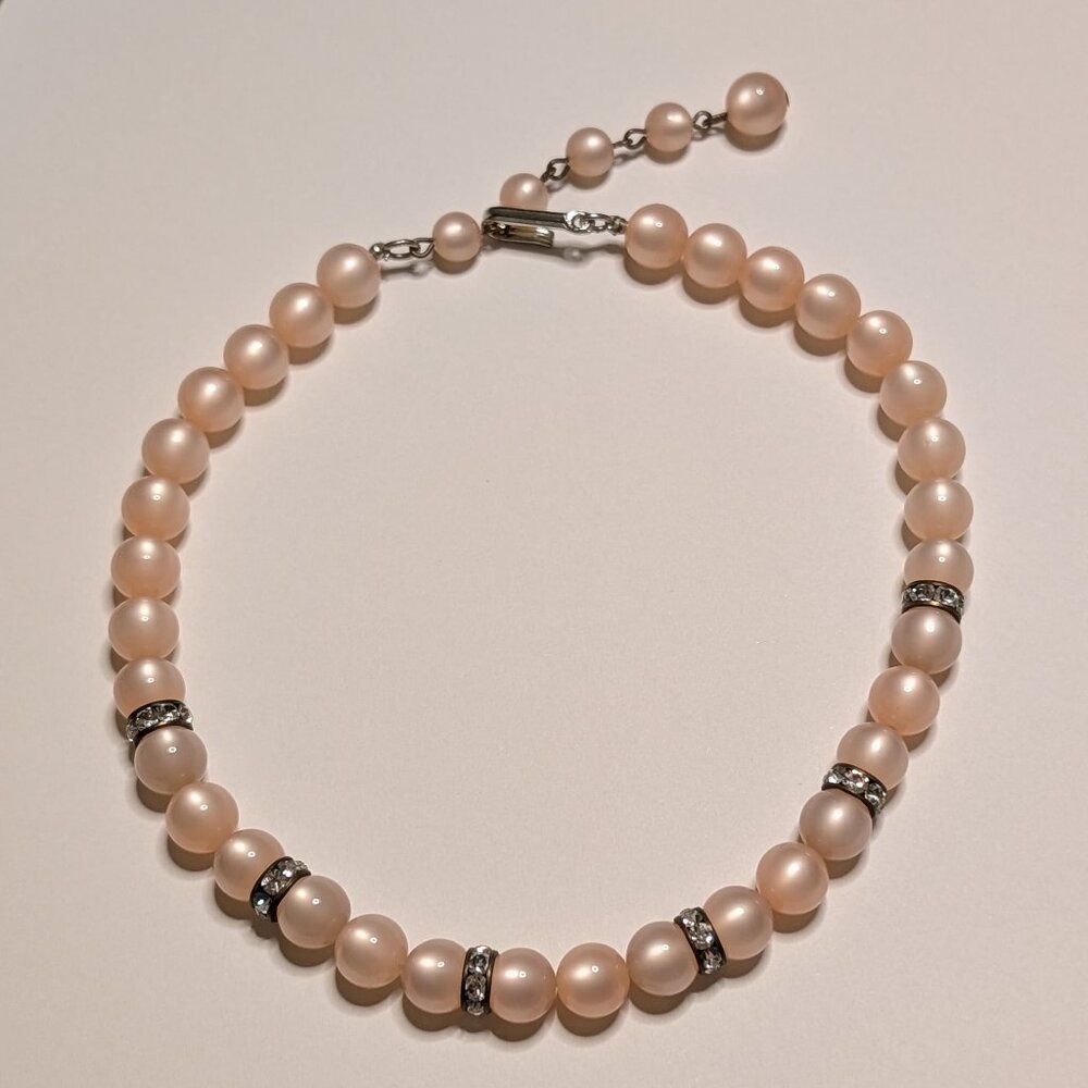 Vintage Pink Faux Pearl Necklace with Rhinestone Spacers